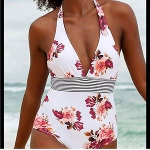 CUPSHE ONEPIECE HALTER NECK WHITE AND RED PINK FLORAL BATHING SUIT SWIM SZ M